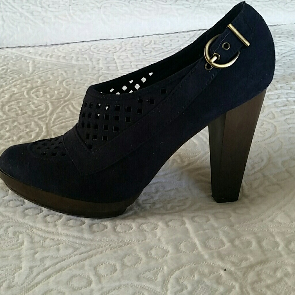 Navy Suede Platform Block Heel Pumps - Picture 4 of 7